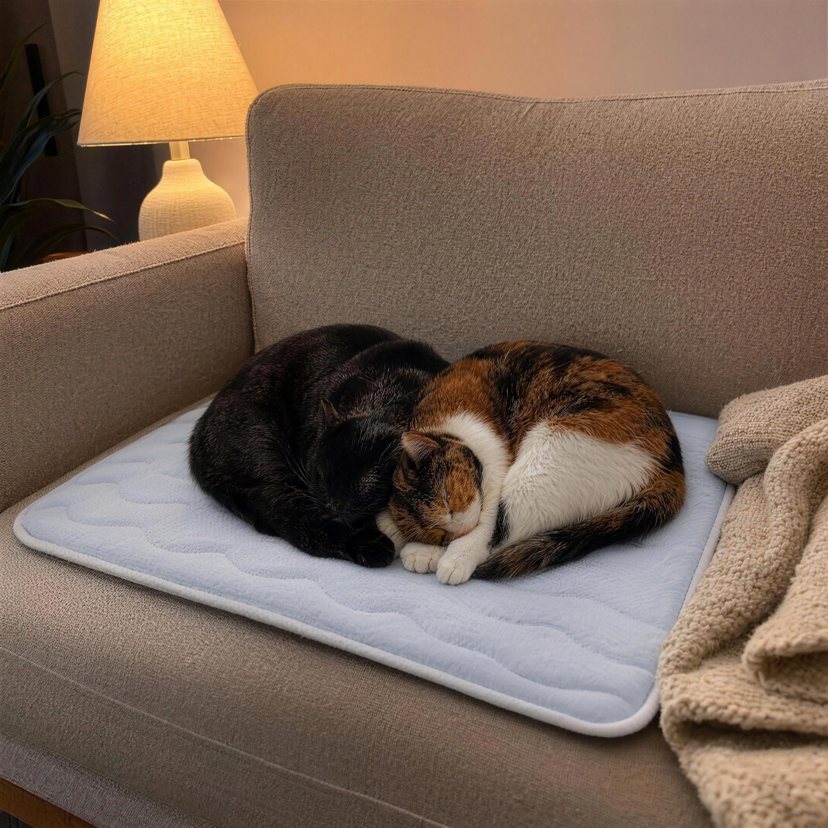 Two bonded cats curled up together on the CozyCat Mat on the couch