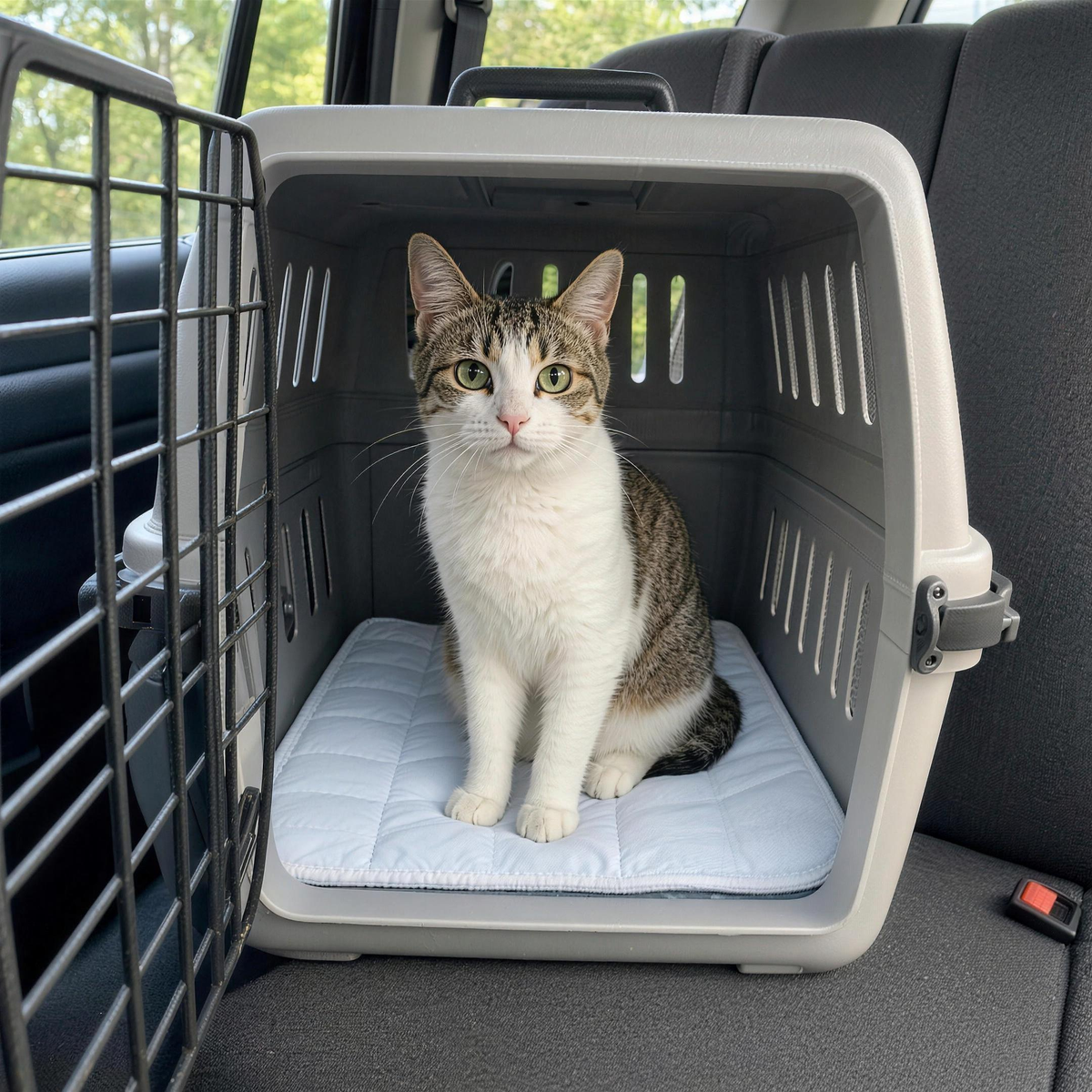 CozyCat Mat inside a cat carrier on a car seat