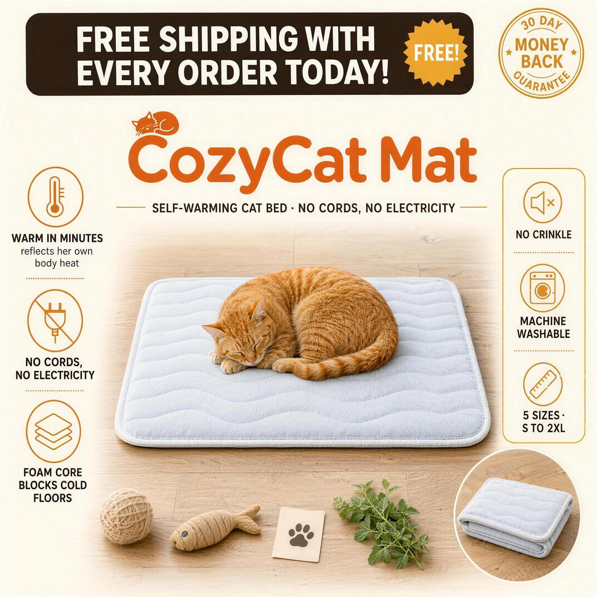 CozyCat Mat - free shipping with every order today - self-warming cat bed, no cords, no electricity